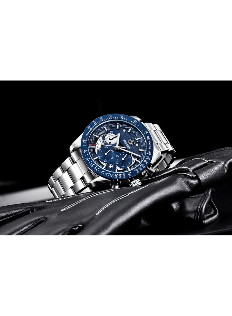 BENYAR Watches for Men Watch Quartz Luxury Stainless Steel Water Resistant Chronograph Watch 5120 Silver - Image 5