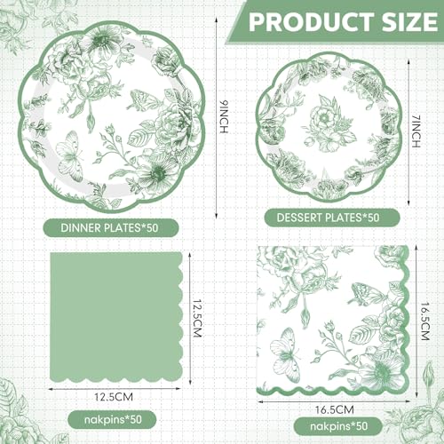 Funnymoom 200 Pcs Sage Green Floral Party Tableware Vintage Green White Floral Disposable Paper Dinner Dessert Plates Napkins for Birthday Wedding Garden Tea Party Bridal 50 Guests - Image 2