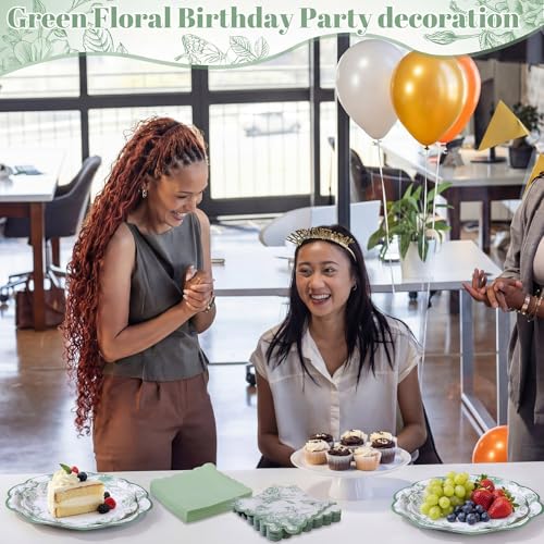 Funnymoom 200 Pcs Sage Green Floral Party Tableware Vintage Green White Floral Disposable Paper Dinner Dessert Plates Napkins for Birthday Wedding Garden Tea Party Bridal 50 Guests - Image 4