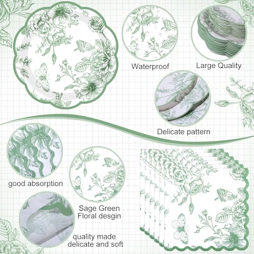 Funnymoom 200 Pcs Sage Green Floral Party Tableware Vintage Green White Floral Disposable Paper Dinner Dessert Plates Napkins for Birthday Wedding Garden Tea Party Bridal 50 Guests - Image 3