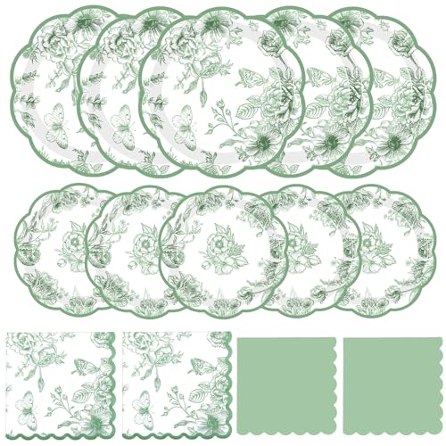 Funnymoom 200 Pcs Sage Green Floral Party Tableware Vintage Green White Floral Disposable Paper Dinner Dessert Plates Napkins for Birthday Wedding Garden Tea Party Bridal 50 Guests - Image 1