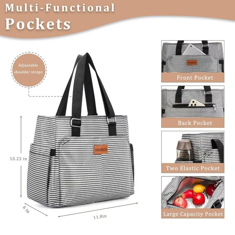HSHRICH Large Women Lunch Bags/Insulated Adult Lunch Box/Leakproof Cooler Lunch Tote Bag with Storage Pocket. Reusable Lunch Purse for Work Picnic Hiking 12L, Stripe - Image 2