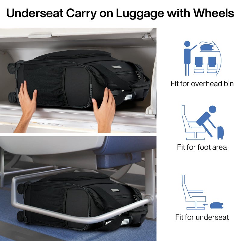MILADA Underseat Carry On Luggage with Wheels, Airline Approved 16-inch Spinner Small Suitcase, Softside Travel Luggage, Personal Item Overnight Bag, Business Mini Suitcase for Women and Men, Black - Image 2