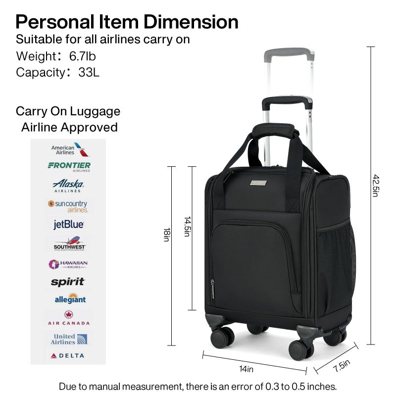 MILADA Underseat Carry On Luggage with Wheels, Airline Approved 16-inch Spinner Small Suitcase, Softside Travel Luggage, Personal Item Overnight Bag, Business Mini Suitcase for Women and Men, Black - Image 3
