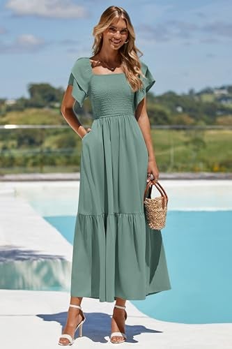 MASCOMODA Womens Summer Casual Midi Dress Square Neck Ruffle Short Sleeve Smocked High Waist A Line Wedding Guest Dresses(Green,Small) - Image 4