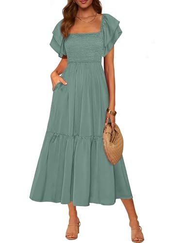MASCOMODA Womens Summer Casual Midi Dress Square Neck Ruffle Short Sleeve Smocked High Waist A Line Wedding Guest Dresses(Green,Small) - Image 1