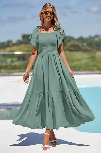 MASCOMODA Womens Summer Casual Midi Dress Square Neck Ruffle Short Sleeve Smocked High Waist A Line Wedding Guest Dresses(Green,Small) - Image 5