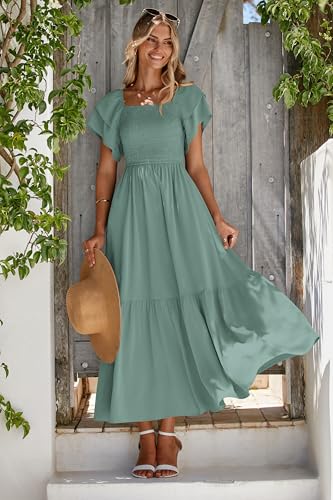 MASCOMODA Womens Summer Casual Midi Dress Square Neck Ruffle Short Sleeve Smocked High Waist A Line Wedding Guest Dresses(Green,Small) - Image 2