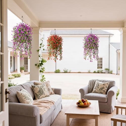 ZFProcess Artificial Hanging Flowers for Outdoors, 2 Pcs Fake Hanging Plant Spring Summer Decor, UV Resistant No Fade Realistic Faux Flower for Front Door Porch Planter Patio Garden Yard(Purple) - Image 5