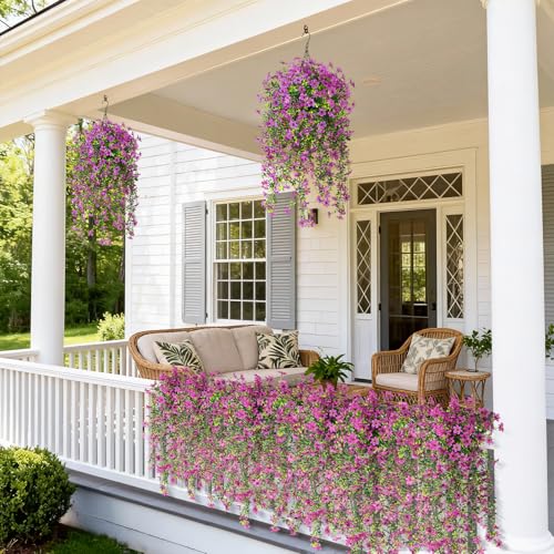 ZFProcess Artificial Hanging Flowers for Outdoors, 2 Pcs Fake Hanging Plant Spring Summer Decor, UV Resistant No Fade Realistic Faux Flower for Front Door Porch Planter Patio Garden Yard(Purple) - Image 3