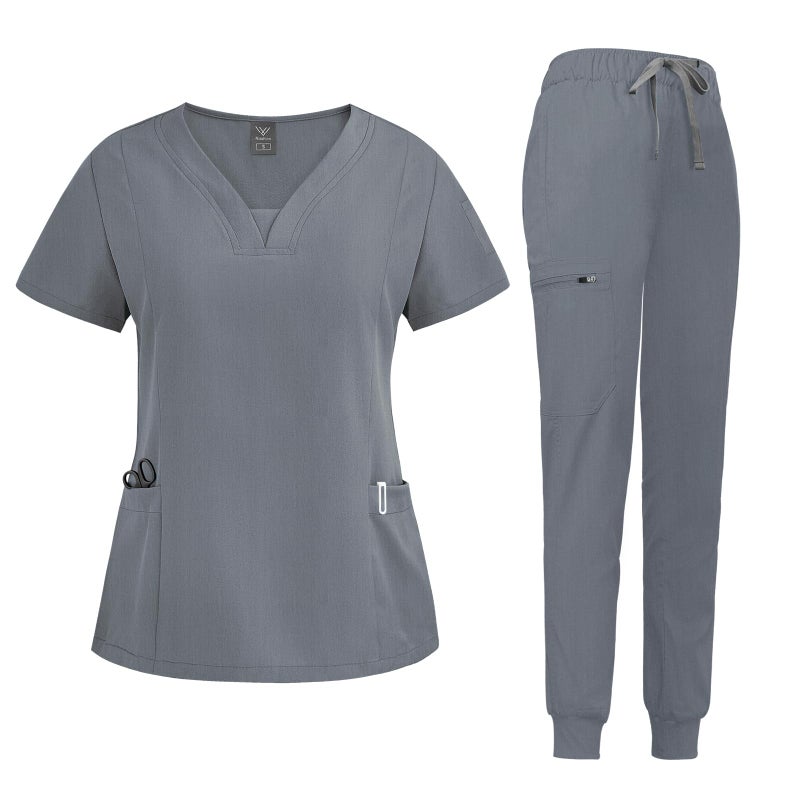 niaahinn Scrub Suit Set for Women Modern Vneck Top Tapered Leg Jogger Pants with Drawstring Medical Nursing Uniforms Set Gray M