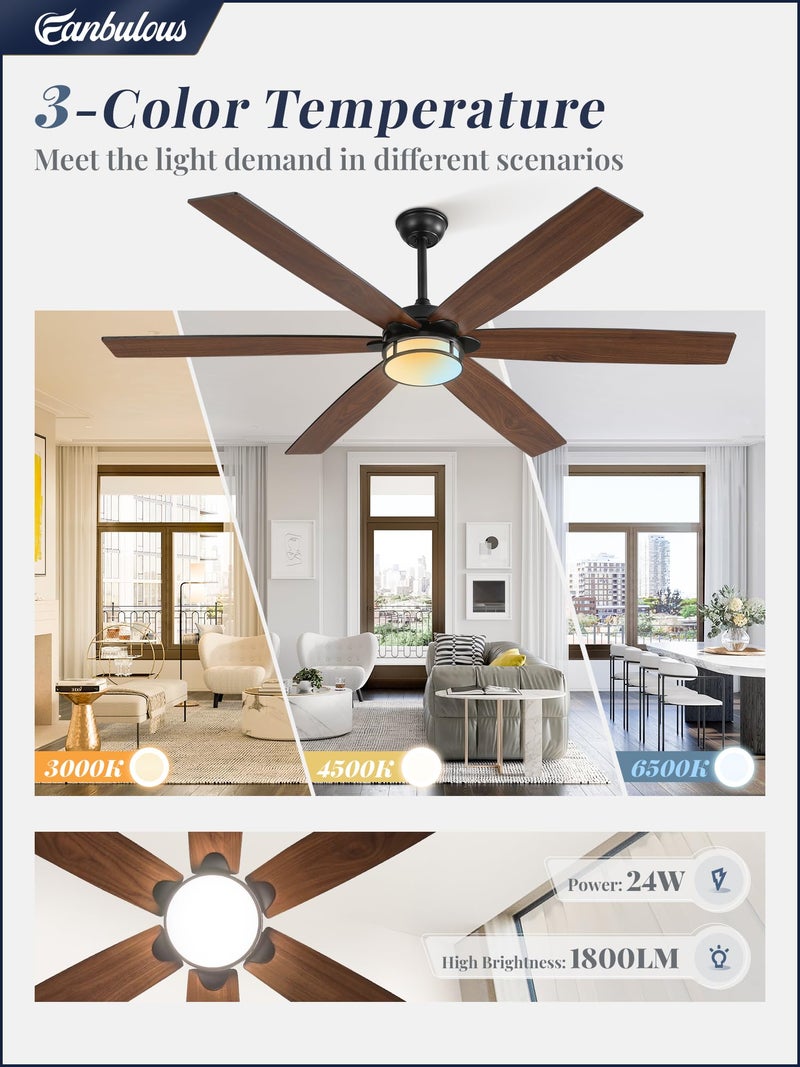 Fanbulous 65 Inch Ceiling Fans with Lights, Farmhouse Large Ceiling Fans with Remote, Black&Brown Modern Ceiling Fan with LED Light, Quiet DC Motor for Living Room, Bedroom, Kitchen, Indoor - Image 4