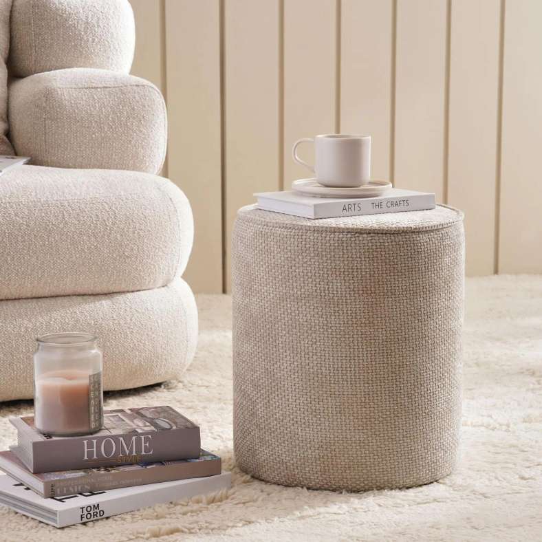 Pan Home Savannah Polyester Chenile Pouf 35X35X38cm- Ivory - 123UHT9900001 - Image 1