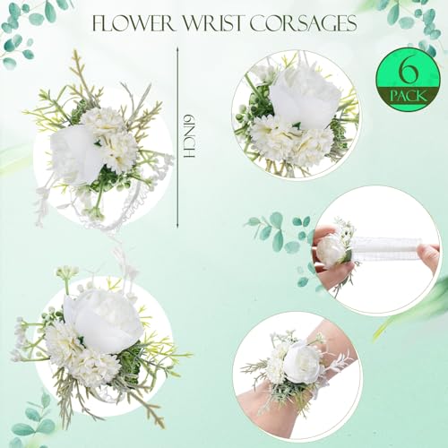 Glitinsel 12 Pcs Wedding Corsage and Boutonniere Set Artificial Rose Wedding Corsage Wristband with Pins for Prom Men Bride Party Accessories Groom Groomsmen Bridesmaids Women (Retro,White) - Image 2