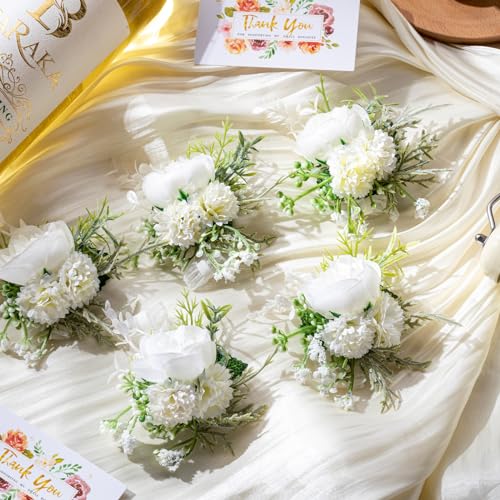 Glitinsel 12 Pcs Wedding Corsage and Boutonniere Set Artificial Rose Wedding Corsage Wristband with Pins for Prom Men Bride Party Accessories Groom Groomsmen Bridesmaids Women (Retro,White) - Image 4
