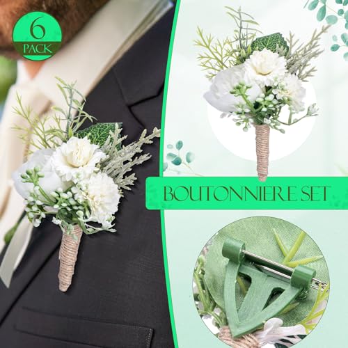 Glitinsel 12 Pcs Wedding Corsage and Boutonniere Set Artificial Rose Wedding Corsage Wristband with Pins for Prom Men Bride Party Accessories Groom Groomsmen Bridesmaids Women (Retro,White) - Image 3