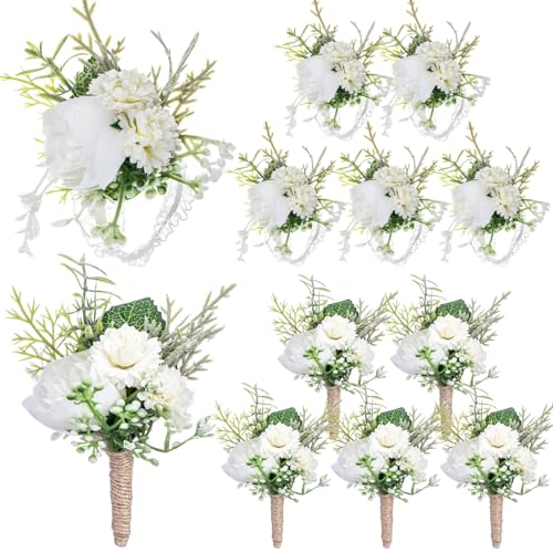 Glitinsel 12 Pcs Wedding Corsage and Boutonniere Set Artificial Rose Wedding Corsage Wristband with Pins for Prom Men Bride Party Accessories Groom Groomsmen Bridesmaids Women (Retro,White) - Image 1