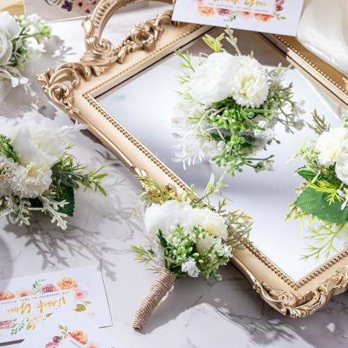 Glitinsel 12 Pcs Wedding Corsage and Boutonniere Set Artificial Rose Wedding Corsage Wristband with Pins for Prom Men Bride Party Accessories Groom Groomsmen Bridesmaids Women (Retro,White) - Image 5