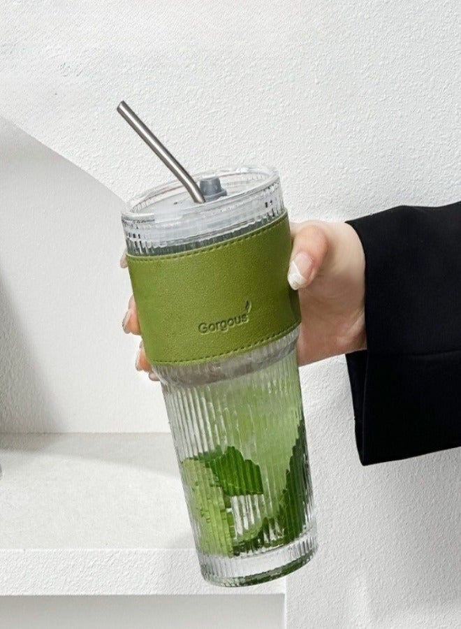 Glass Water Cup, Milk Cup with Straw and Lids, Reusable Double-Wall Coffee Cup, Heat Resisting Cute Clear Milkshake Cup, for Juice Milk Hot Cold Water, Tea, Matcha, 600ml Travel Cup