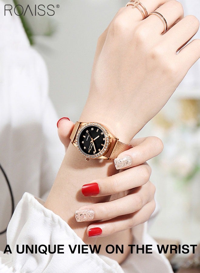 roaiss Women's Steel Mesh Strap Quartz Watch, Analog Display Round Dial with Dual Calendar, Luminous Waterproof Luxurious Wristwatch as Gift for Ladies - Image 2