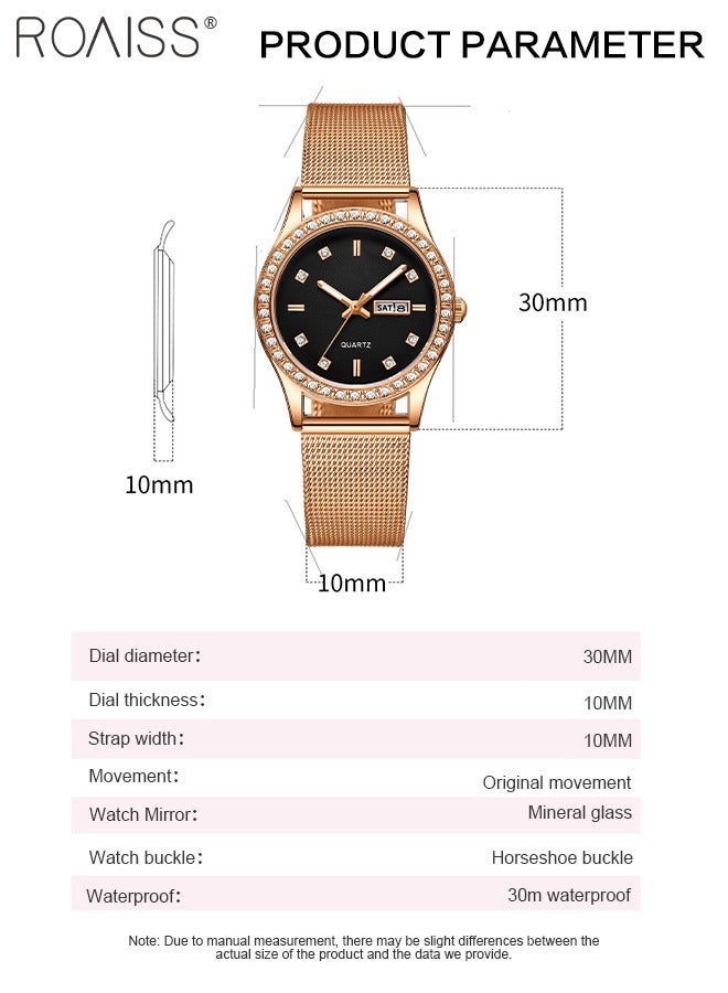 roaiss Women's Steel Mesh Strap Quartz Watch, Analog Display Round Dial with Dual Calendar, Luminous Waterproof Luxurious Wristwatch as Gift for Ladies - Image 3