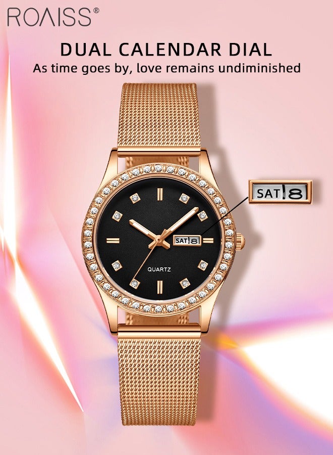 roaiss Women's Steel Mesh Strap Quartz Watch, Analog Display Round Dial with Dual Calendar, Luminous Waterproof Luxurious Wristwatch as Gift for Ladies - Image 4