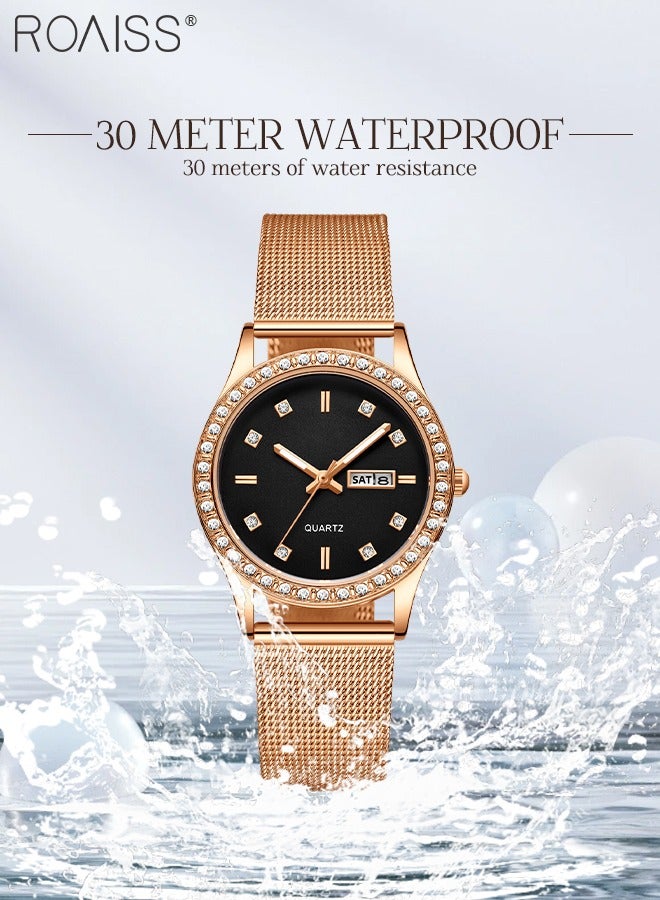 roaiss Women's Steel Mesh Strap Quartz Watch, Analog Display Round Dial with Dual Calendar, Luminous Waterproof Luxurious Wristwatch as Gift for Ladies - Image 5