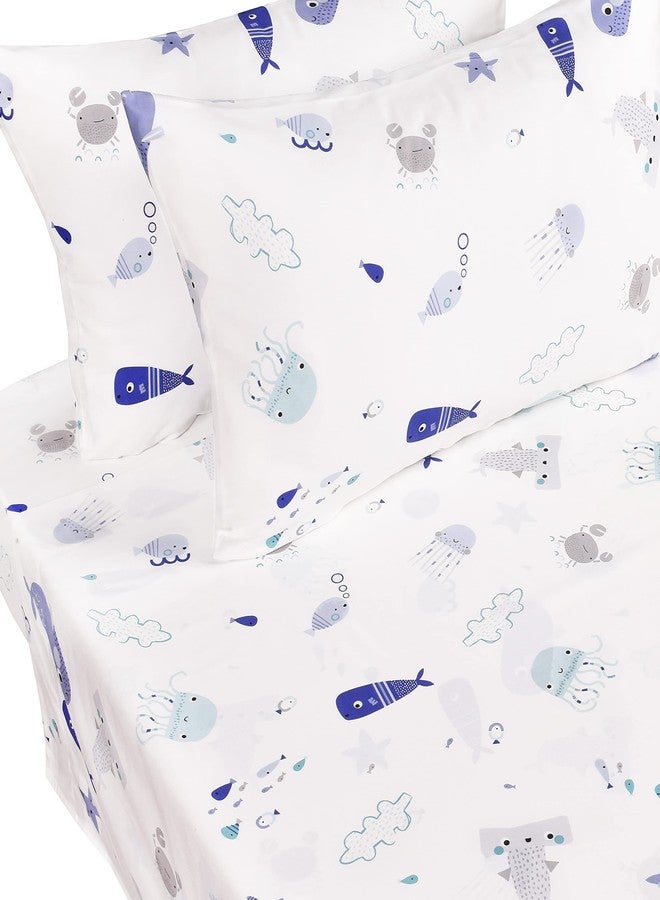 J-pinno Sea Animal Fish Whale Underwater World Cute Cozy Fun Full Sheet Set for Kids Girls Children100% Cotton, Flat Sheet + Fitted Sheet + Pillowcase Bedding Set (10, Full) - Image 2