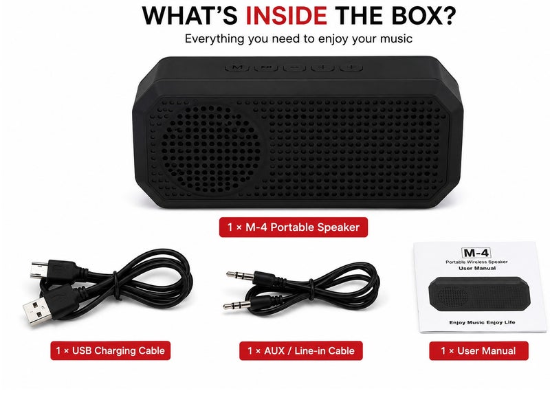 M-4 Portable Bluetooth Speaker | Wireless Rechargeable Mini Speaker | Bluetooth 5.0 | TF Card, USB Drive & AUX Input | FM Radio | Hi-Fi Stereo Sound | 1200mAh Battery | Black - Image 3