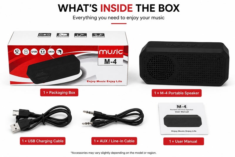 M-4 Portable Bluetooth Speaker | Wireless Rechargeable Mini Speaker | Bluetooth 5.0 | TF Card, USB Drive & AUX Input | FM Radio | Hi-Fi Stereo Sound | 1200mAh Battery | Black - Image 2