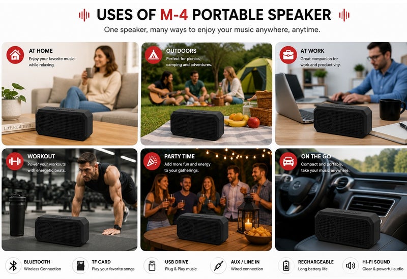M-4 Portable Bluetooth Speaker | Wireless Rechargeable Mini Speaker | Bluetooth 5.0 | TF Card, USB Drive & AUX Input | FM Radio | Hi-Fi Stereo Sound | 1200mAh Battery | Black - Image 5