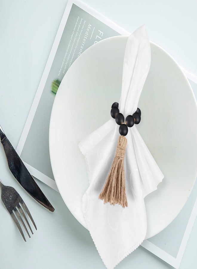 Meplait 6 Pieces Wooden Bead Napkin Rings, Farmhouse Stretchable Napkin Rings with Tassel Boho Napkin Ring for Dining Table,Wedding Decoration (Nature) - Image 2