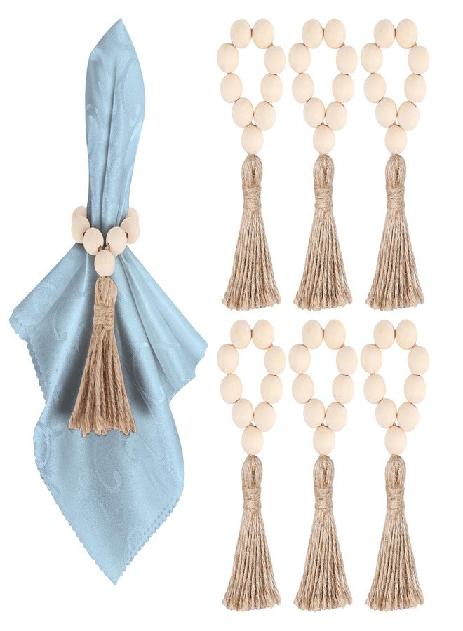 Meplait 6 Pieces Wooden Bead Napkin Rings, Farmhouse Stretchable Napkin Rings with Tassel Boho Napkin Ring for Dining Table,Wedding Decoration (Nature) - Image 1