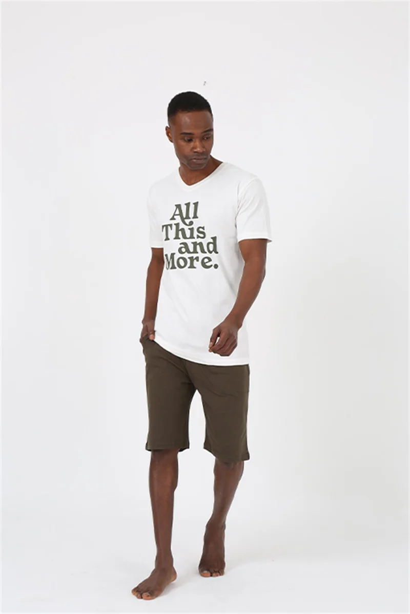 Akbeniz Men's Short Sleeve Ecru Combed Cotton Shorts Pajamas Set 20372