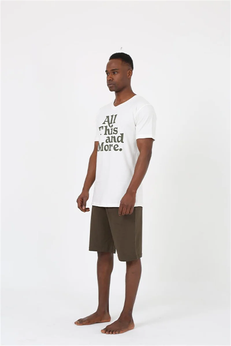 Akbeniz Men's Short Sleeve Ecru Combed Cotton Shorts Pajamas Set 20372