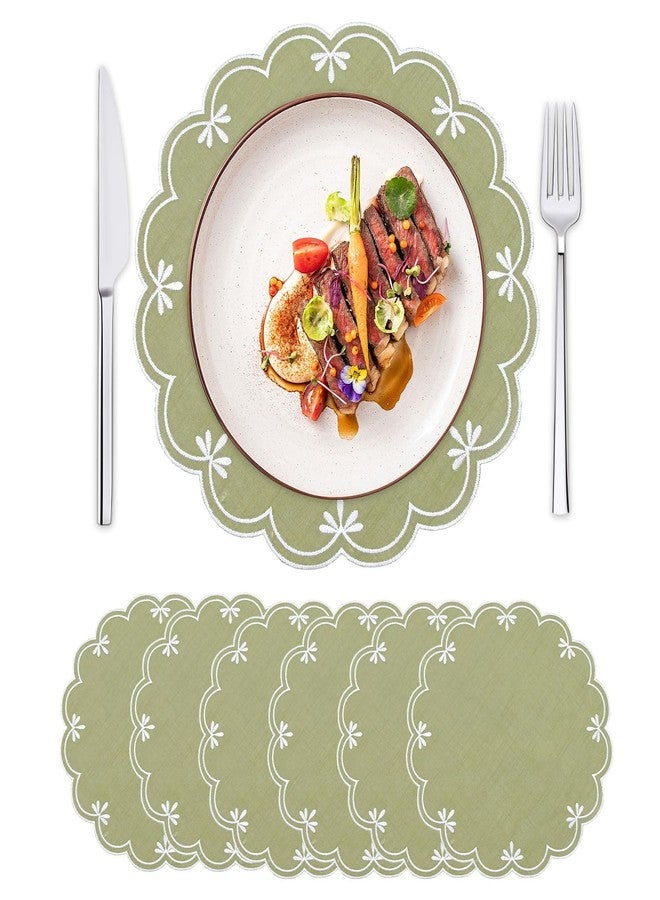 SK Studio Set of 6 Cotton Linen Placemats, 15x15 Round Scalloped Cloth Table Mats, Embroidery Double Layered Washable Dining Placemat for Hotel Restaurant Kitchen, Green - Image 1
