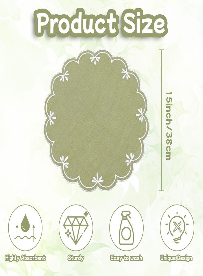 SK Studio Set of 6 Cotton Linen Placemats, 15x15 Round Scalloped Cloth Table Mats, Embroidery Double Layered Washable Dining Placemat for Hotel Restaurant Kitchen, Green - Image 2