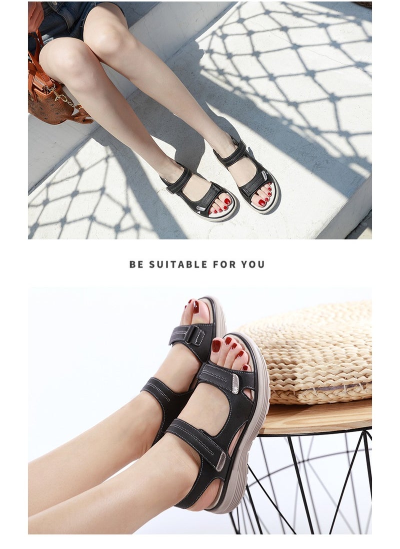 SIKETU - Leather Women's Light Velcro Sandals Black - Image 1