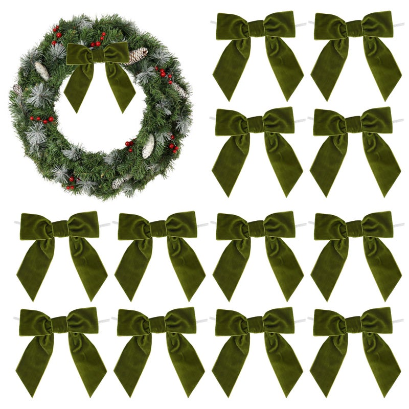 AIMUDI Moss Green Velvet Bows 45 Christmas Bows for Gift Wrapping Premade Bows Green Twist Tie Bows for Wreaths Gift Basket Festive Winter Holiday Decor Christmas Tree Swag 12 PCs