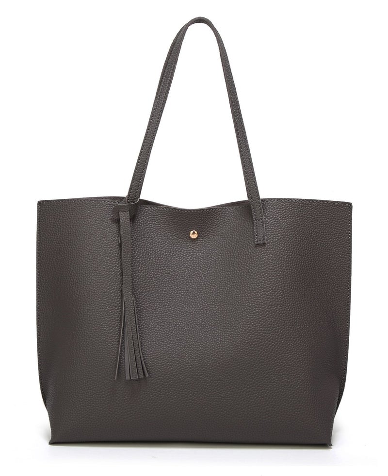 Dreubea Women's Soft Faux Leather Tote Shoulder Bag from, Big Capacity Tassel Handbag Dark Grey - Image 1