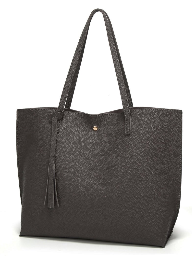 Dreubea Women's Soft Faux Leather Tote Shoulder Bag from, Big Capacity Tassel Handbag Dark Grey - Image 4