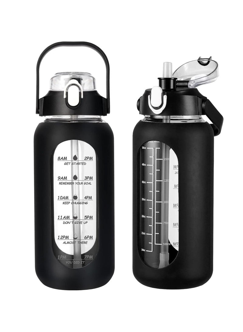 Arabest 64oz Glass Water Bottles with Straw, Half Gallon Motivational Glass Bottle with Silicone Sleeve and Time Marker, 2L Leakproof Large Glass Water Jug for Gym Home Office,Black  - Image 1