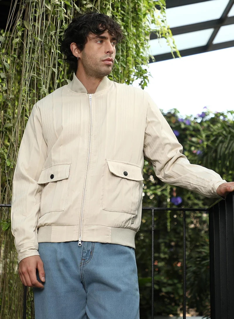 كامبوس سوترا Men Zip-Front Stripe-Tactile Bomber Jacket | Ribbed Baseball Collar, Long Button-Cuff Sleeves | Zipper , Ribbed-Straight Hem | Solid Textured Woven Fabric For Casual & Daily Wear | Beige