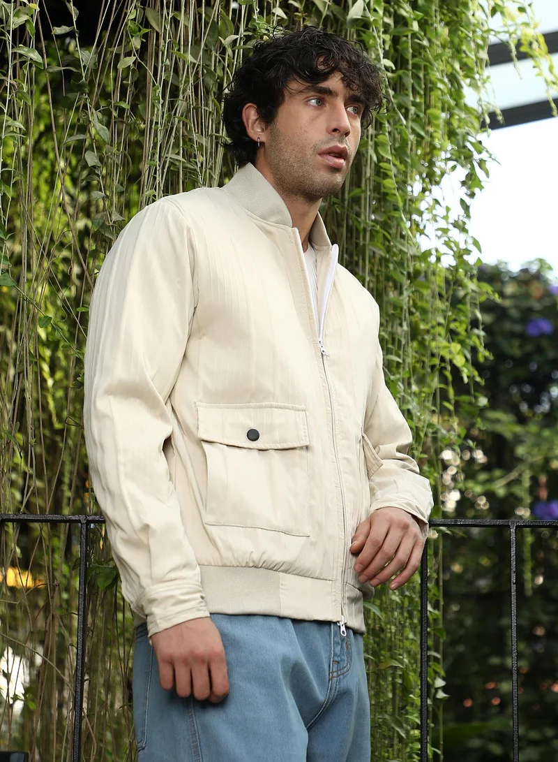 Campus Sutra Men's Saltbox Beige Zip-Front Stripe-Tactile Bomber Jacket