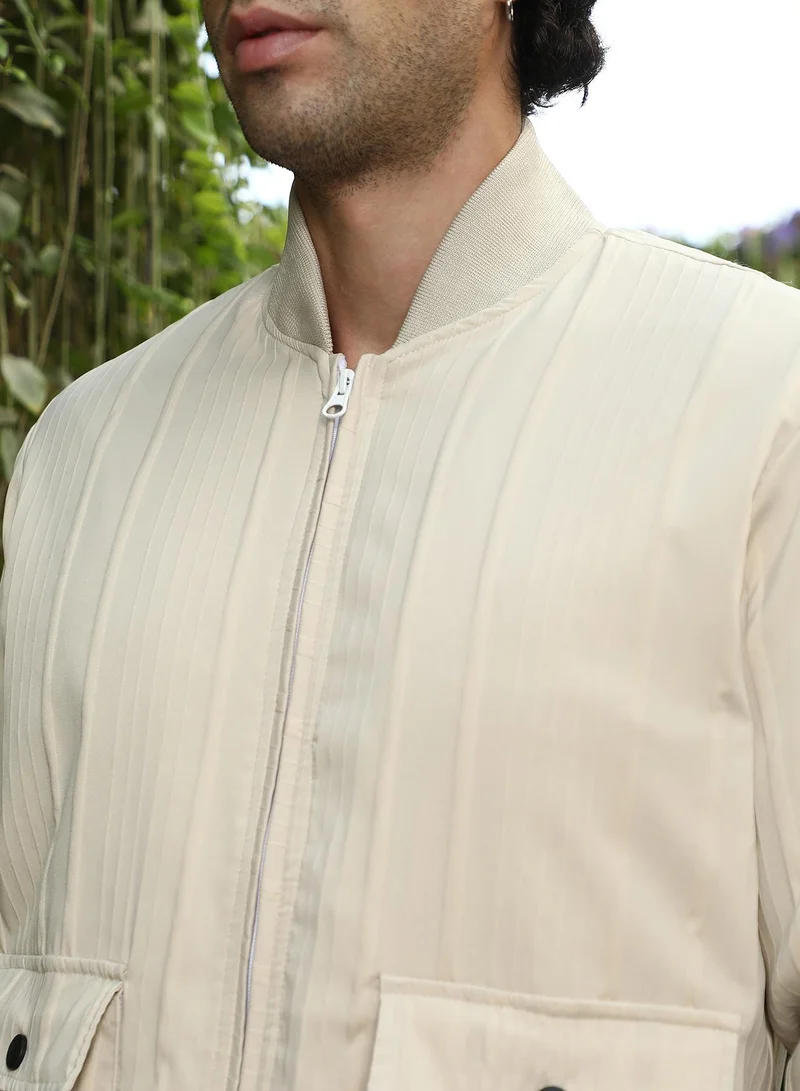 Campus Sutra Men's Saltbox Beige Zip-Front Stripe-Tactile Bomber Jacket