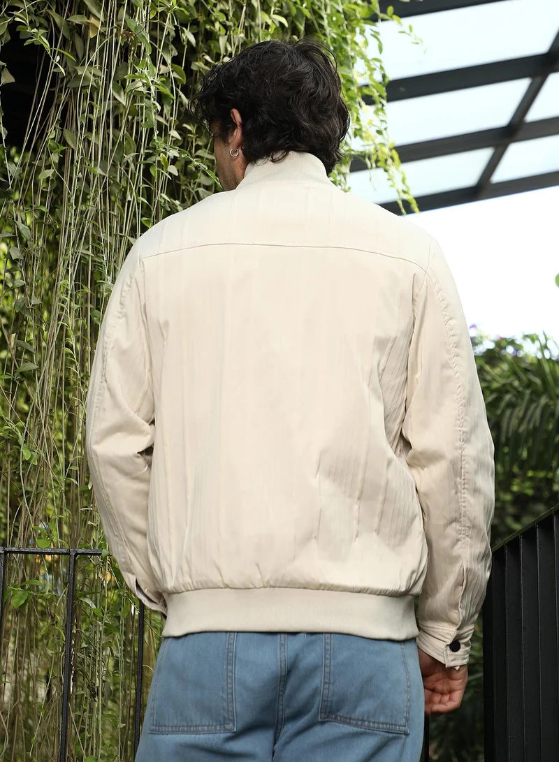 Campus Sutra Men's Saltbox Beige Zip-Front Stripe-Tactile Bomber Jacket
