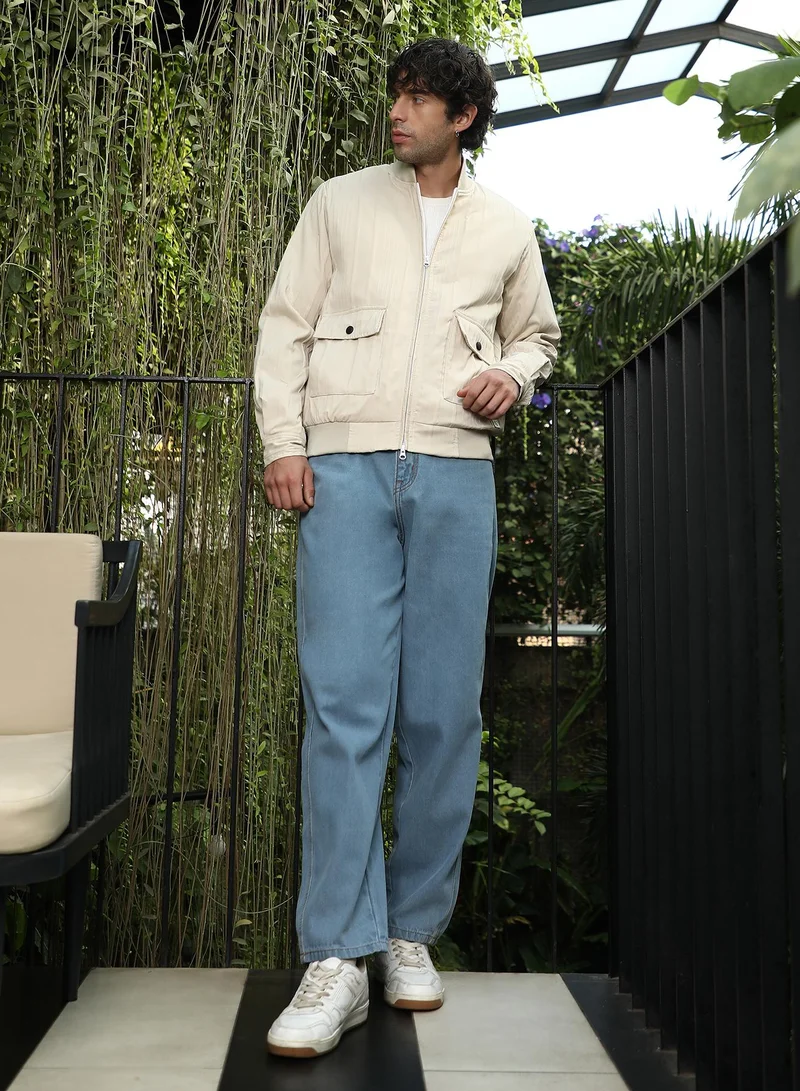 Campus Sutra Men's Saltbox Beige Zip-Front Stripe-Tactile Bomber Jacket