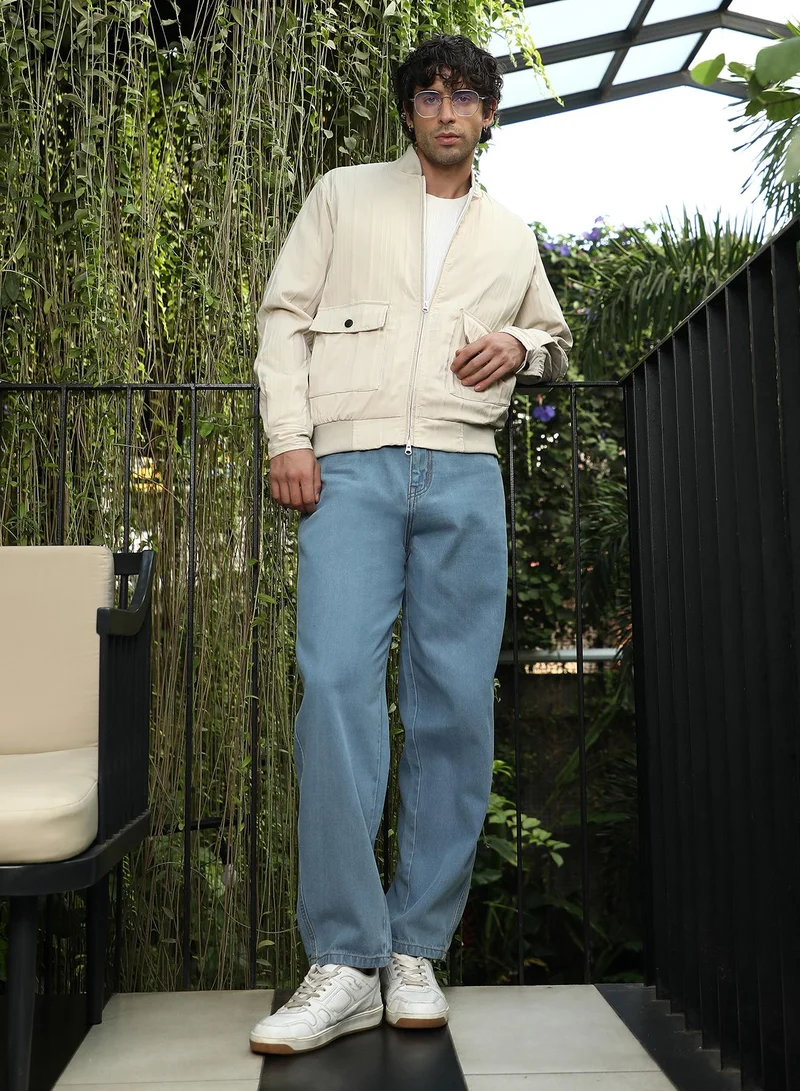 Campus Sutra Men's Saltbox Beige Zip-Front Stripe-Tactile Bomber Jacket