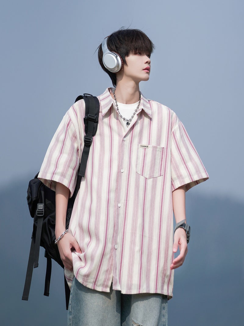 Striped Short Sleeve Shirt Men Casual Cotton Top Summer Loose Fit - Image 3