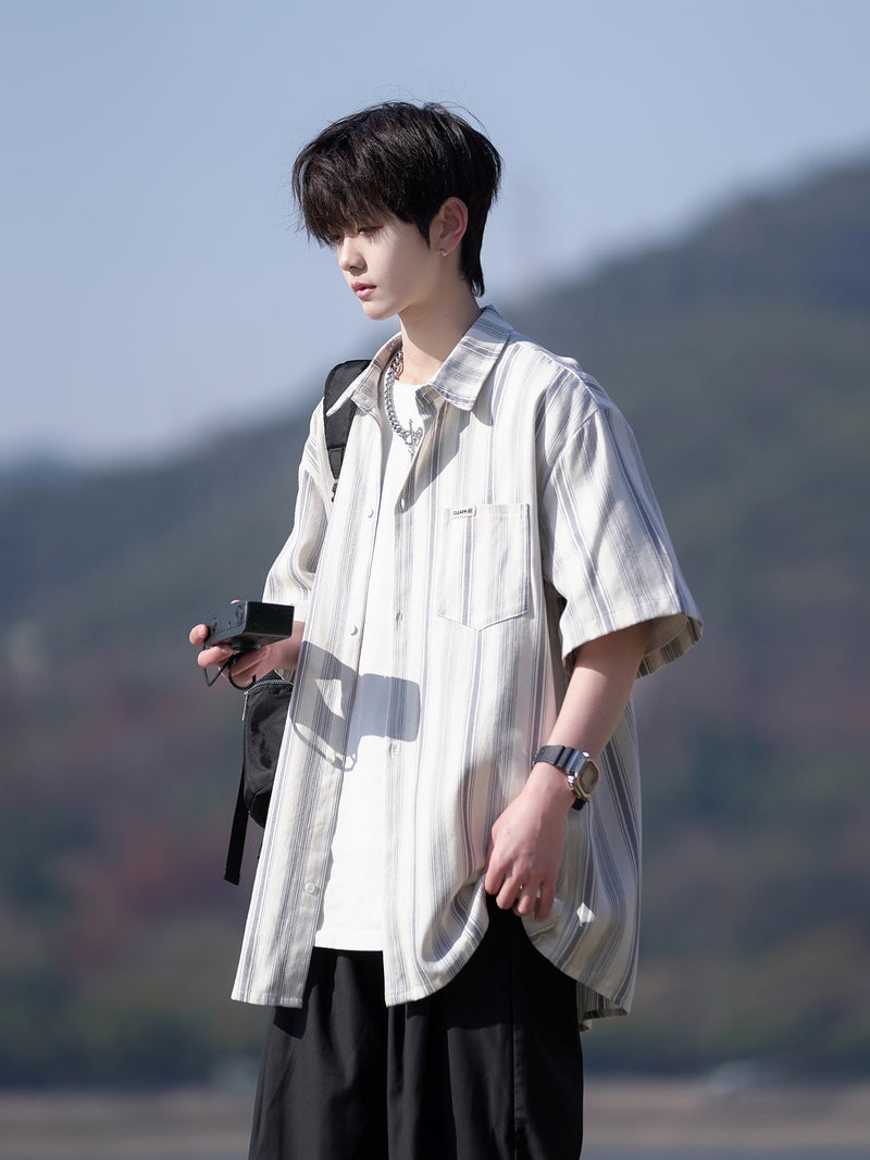 Striped Short Sleeve Shirt Men Casual Cotton Top Summer Loose Fit - Image 2